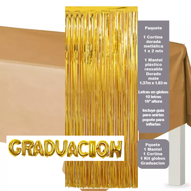 Kit dorado graduación incluye mantel, cortina, y globos graduación (3 art, 14pzas)
