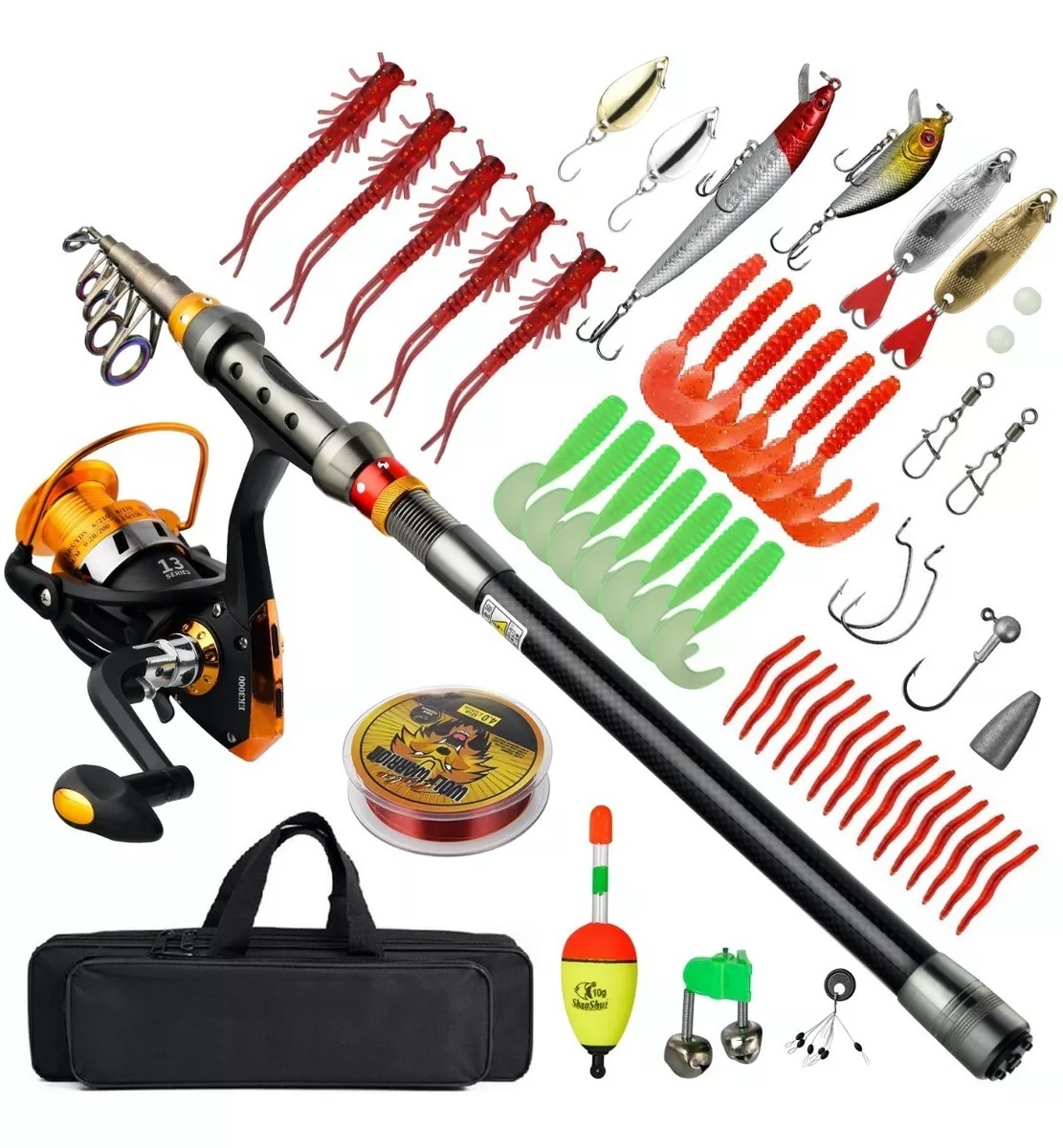 Kit Pesca 2.1m Caña Carrete Señuelo Accesorio Bolsa Completo