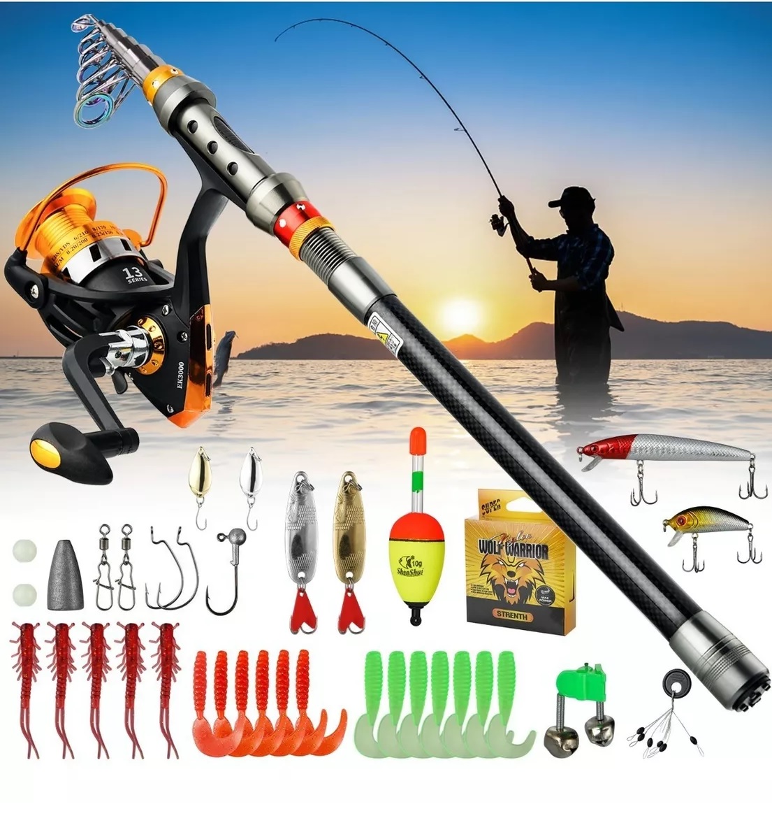 Kit Pesca 2.1m Caña Carrete Señuelo Accesorio Bolsa Completo