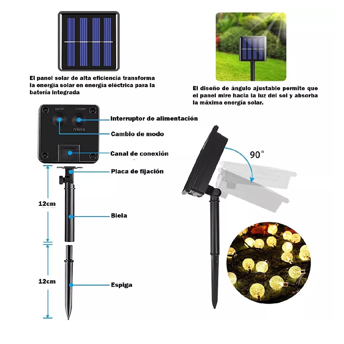 Guirnalda De Luces Solar 11m 60 Foco Exterior Jardin 8 Modos