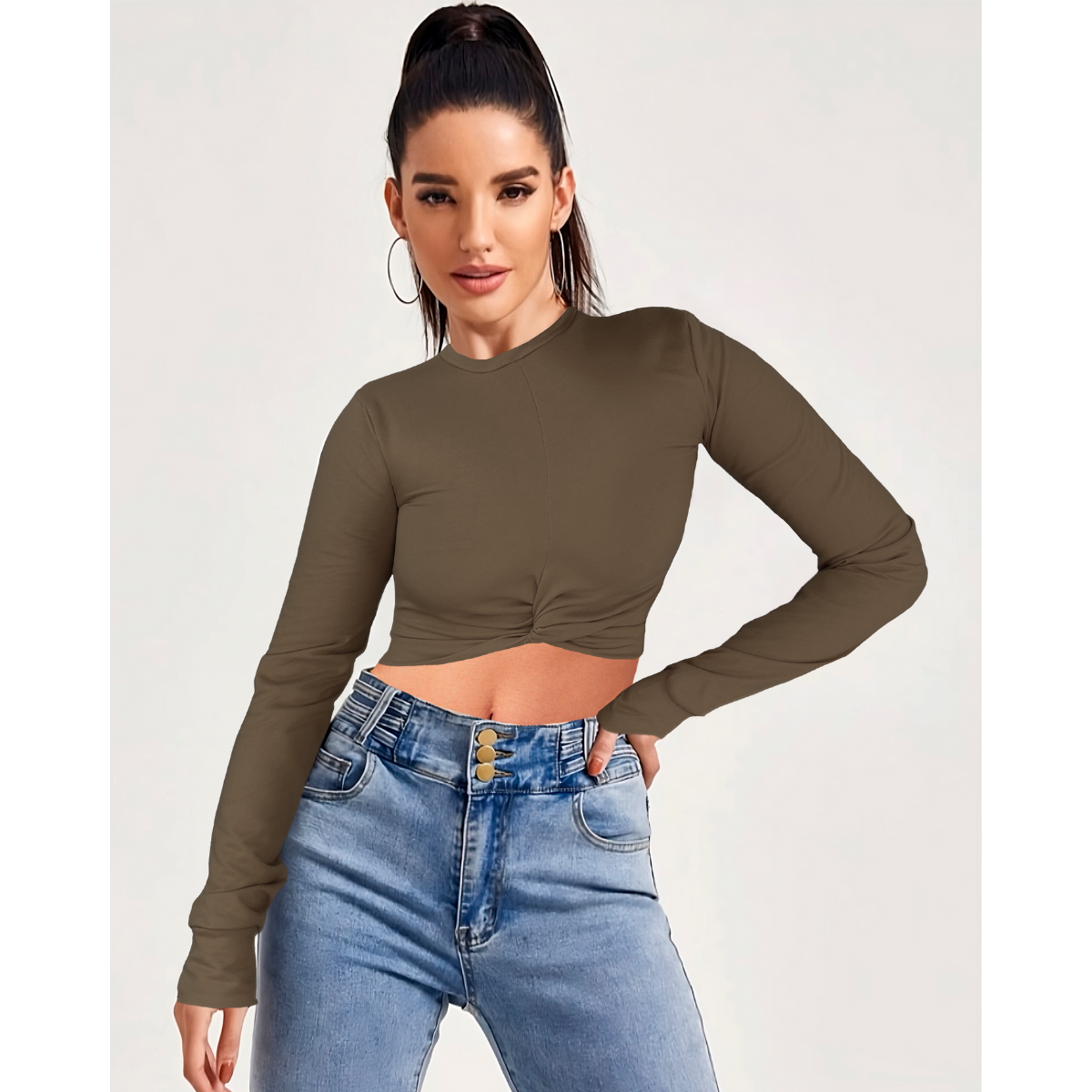 Playera Dama Corta Crop Top Manga Larga Ombliguera Moda Mujer