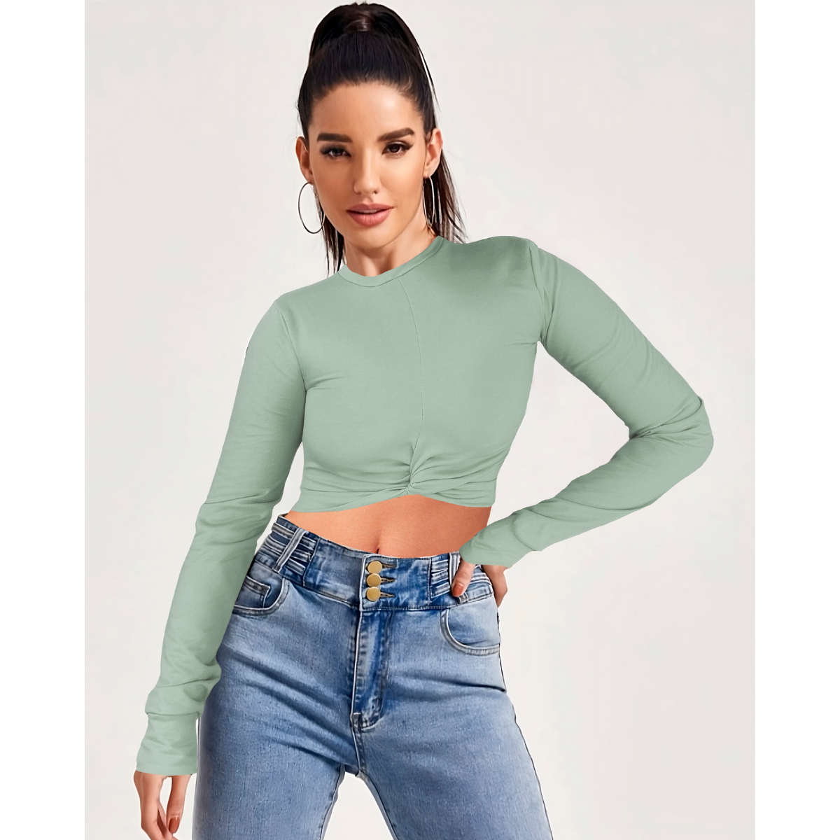 Playera Dama Corta Crop Top Manga Larga Ombliguera Moda Mujer