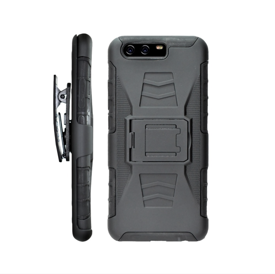 Funda Protector Uso Rudo con Clip más Mica de Cristal Gratis para Huawei P10 Plus Color Negro