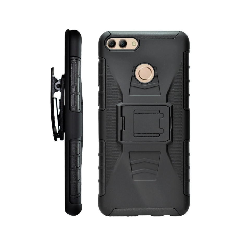 Funda Protector Uso Rudo con Clip más Mica de Cristal Gratis para Huawei Y9 2018 Color Negro.