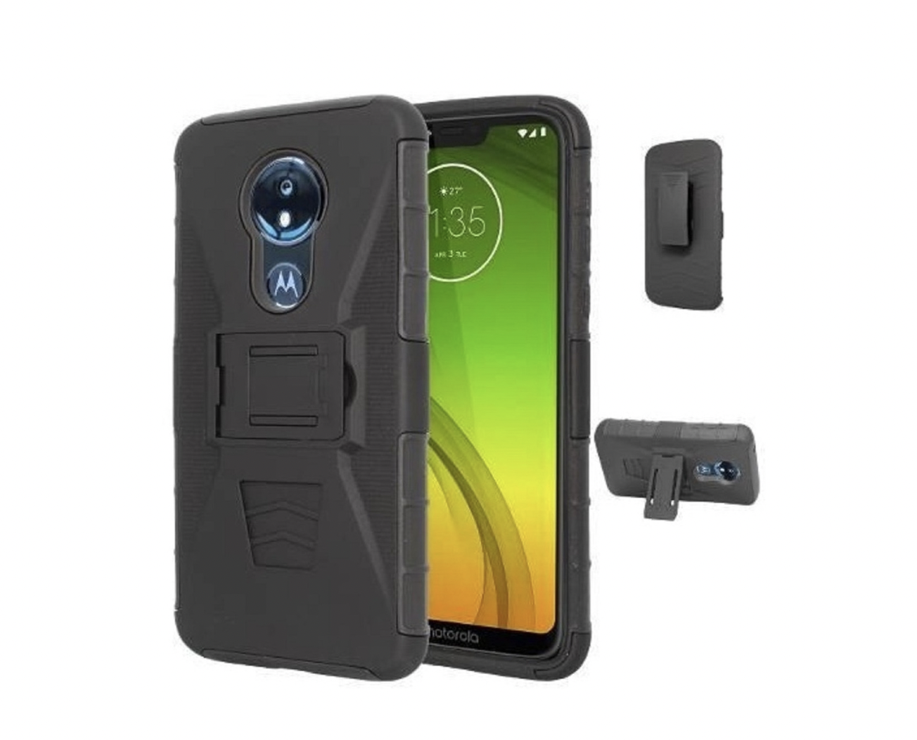 Funda Protector Uso Rudo con Clip más Mica de Cristal Gratis para Motorola G7/ G7 PLUS Color Negro