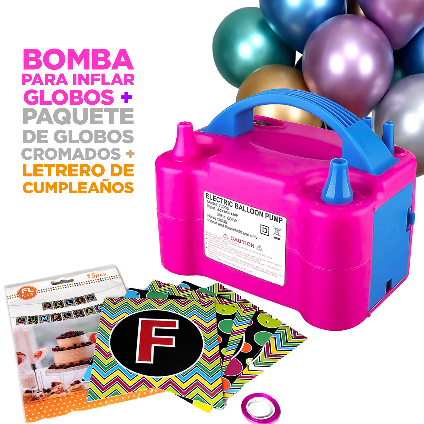 Bomba Electrica Para Inflar Globos + Letrero Feliz Cumpleaños Colores