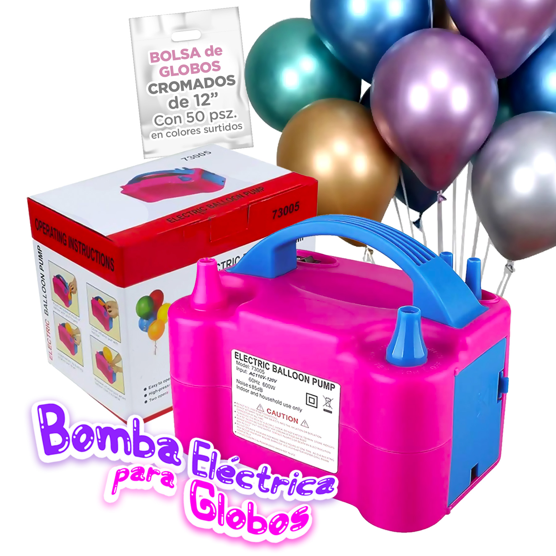 Bomba Electrica Para Inflar Globos + 50 Globos Metalicos