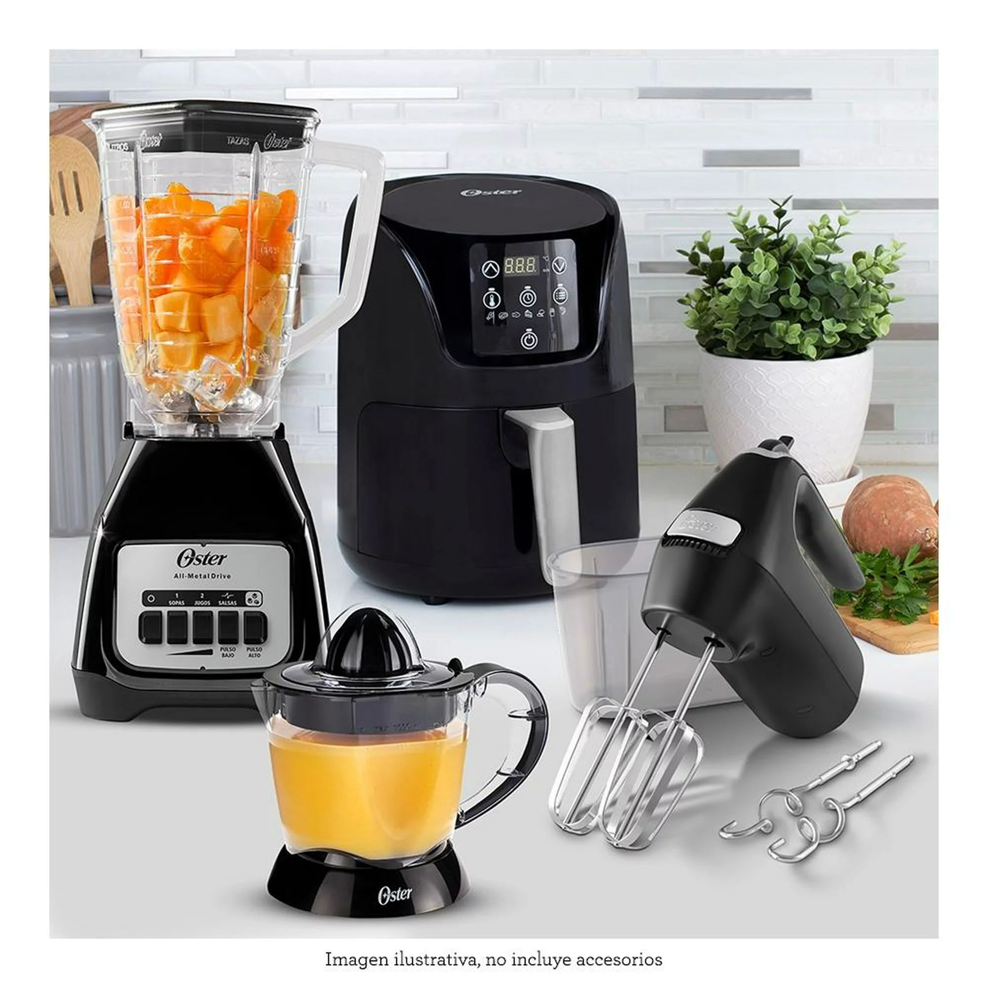 Combo Oster 4 Elementos Negro licuadora,batidora,freidora d aire y exprimidor