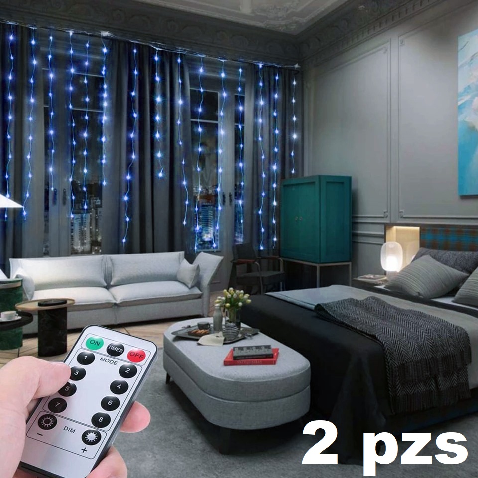 2 pzs Cortina Luces Led Serie Azul 3x3 Con Control 8 Modos Decorativa Usb