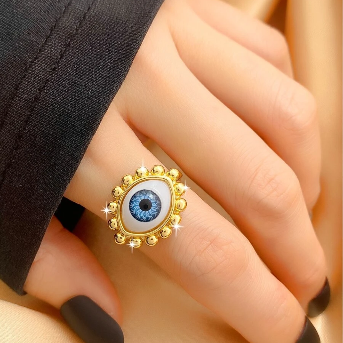 Anillo Ojo Turco Dorado Acero Inoxidable Moda Mujer