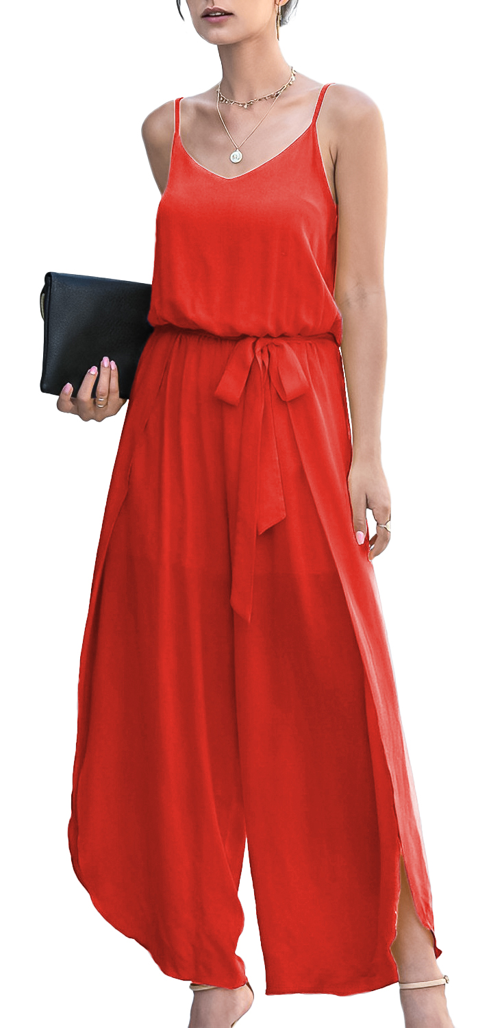 Jumper palazzo enterizo mono jumpsuit casual largo dama mujer xally 8D escote redondo cinturón abertura