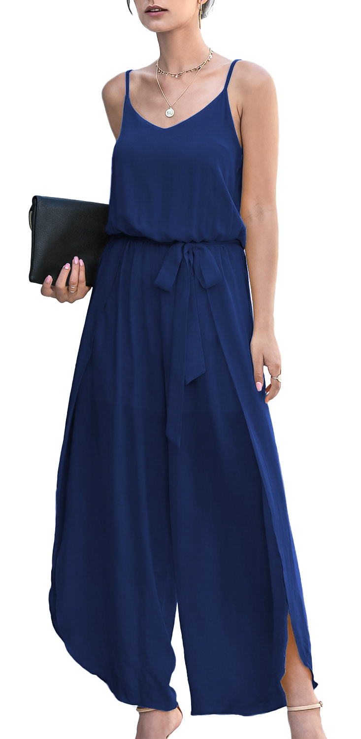 Jumper palazzo enterizo mono jumpsuit casual largo dama mujer xally 8D escote redondo cinturón abertura