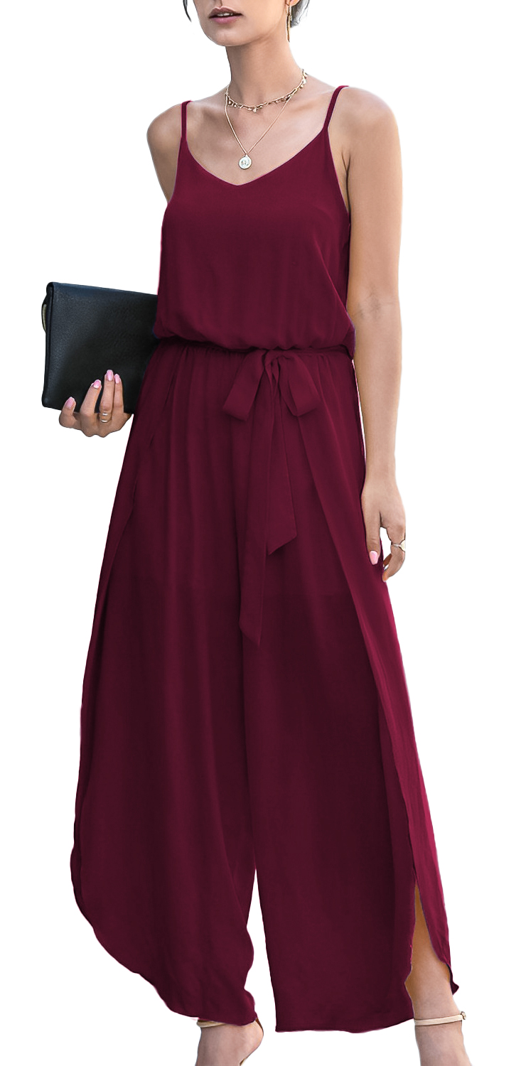 Jumper palazzo enterizo mono jumpsuit casual largo dama mujer xally 8D escote redondo cinturón abertura