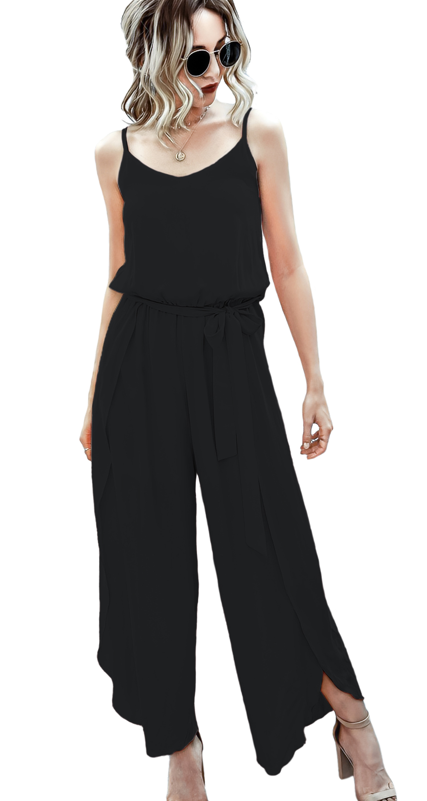 Jumper palazzo enterizo mono jumpsuit casual largo dama mujer xally 8D escote redondo cinturón abertura