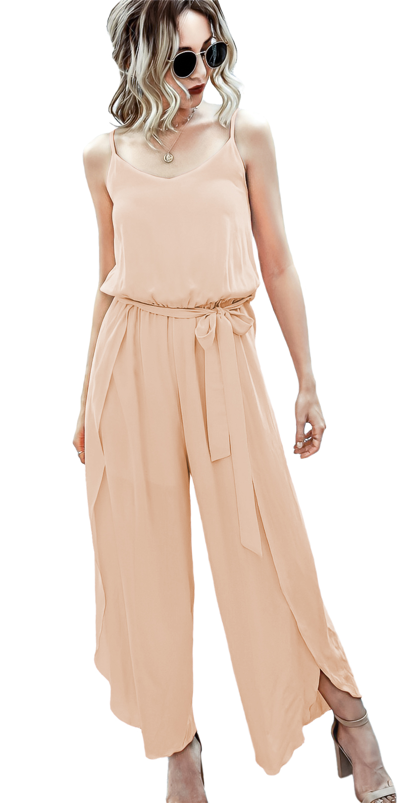 Jumper palazzo enterizo mono jumpsuit casual largo dama mujer xally 8D escote redondo cinturón abertura