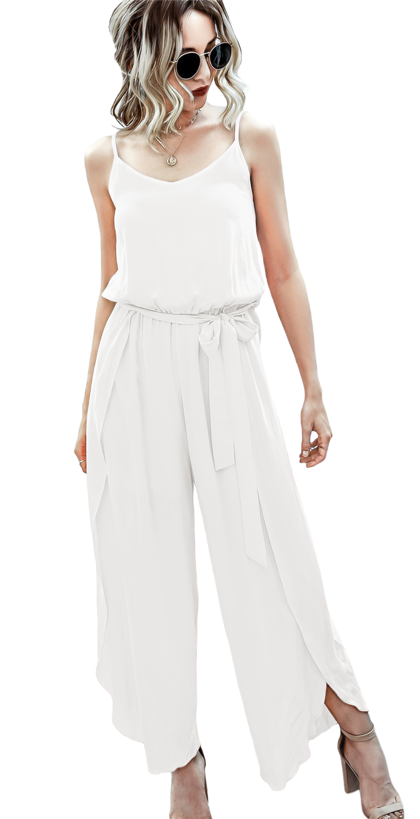 Jumper palazzo enterizo mono jumpsuit casual largo dama mujer xally 8D escote redondo cinturón abertura
