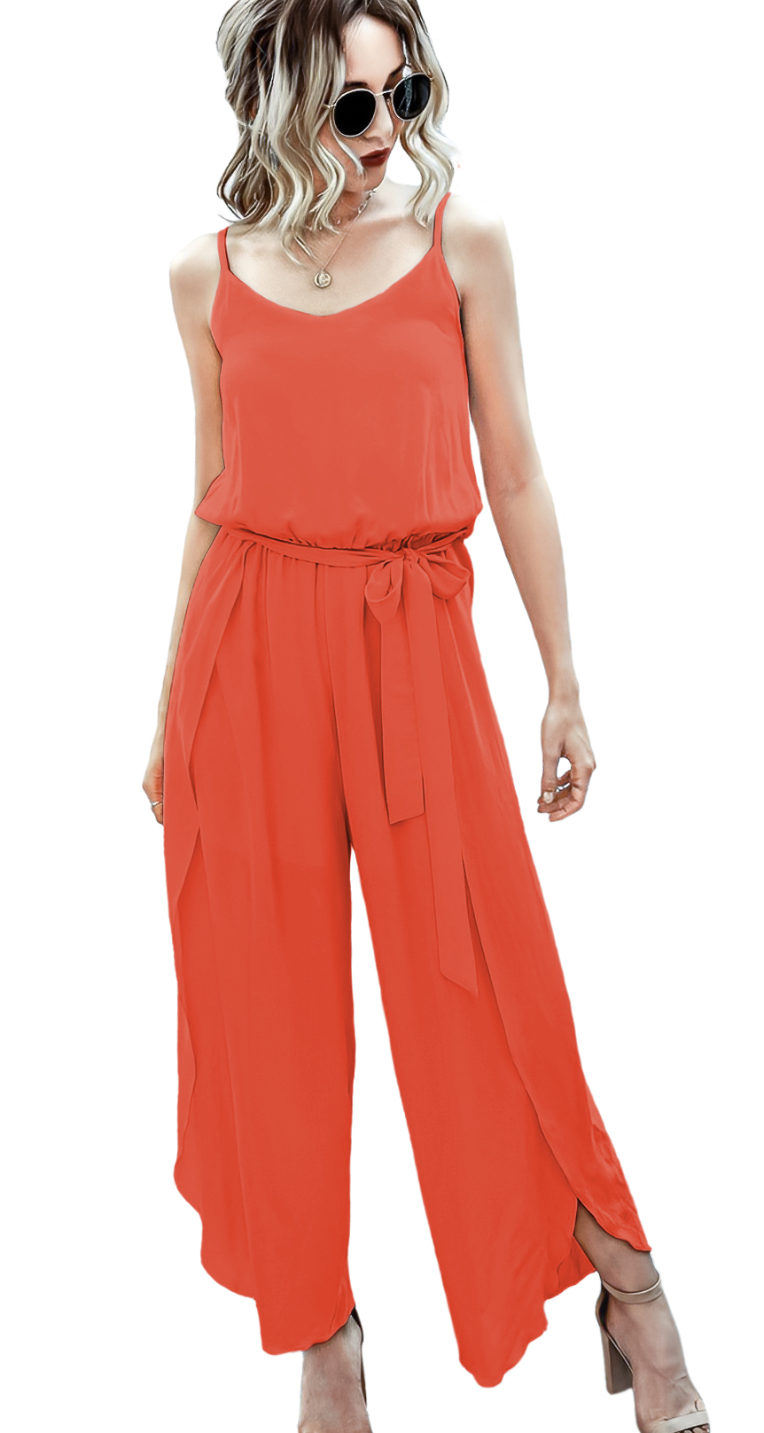 Jumper palazzo enterizo mono jumpsuit casual largo dama mujer xally 8D escote redondo cinturón abertura