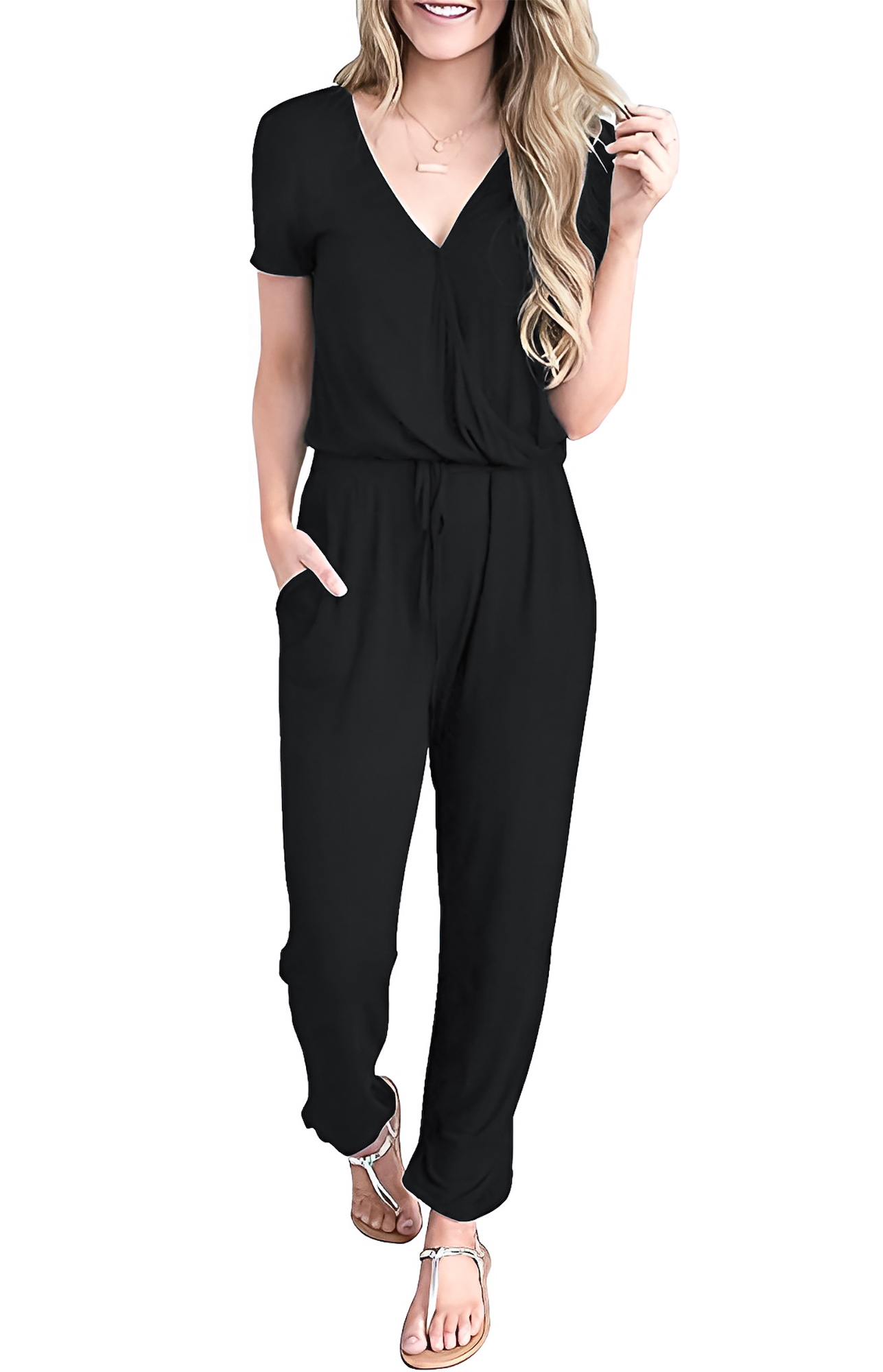 Jumper palazzo enterizo mono jumpsuit casual verano dama mujer xally 76 cruce, escote V mangas cortas bolsas