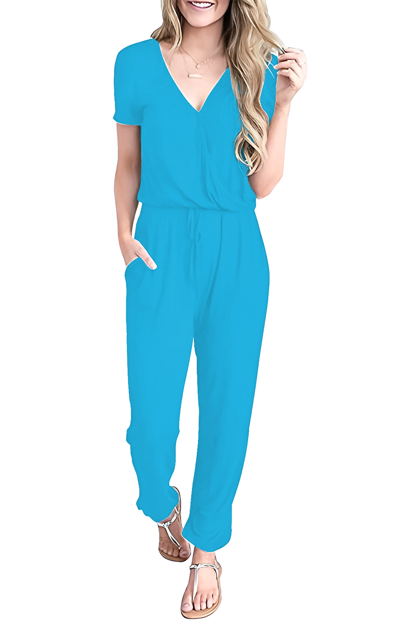 Jumper palazzo enterizo mono jumpsuit casual verano dama mujer xally 76 cruce, escote V mangas cortas bolsas