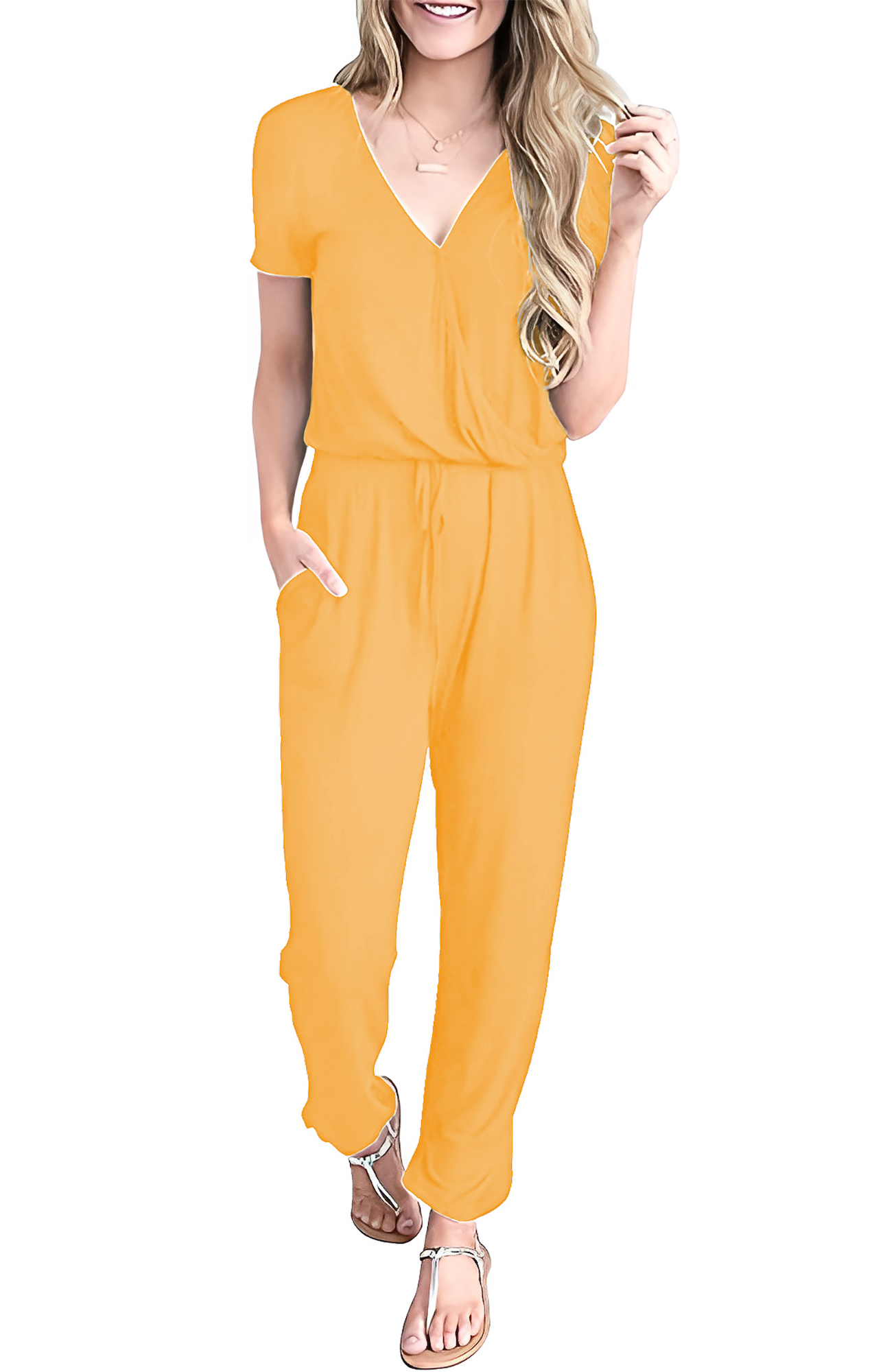 Jumper palazzo enterizo mono jumpsuit casual verano dama mujer xally 76 cruce, escote V mangas cortas bolsas