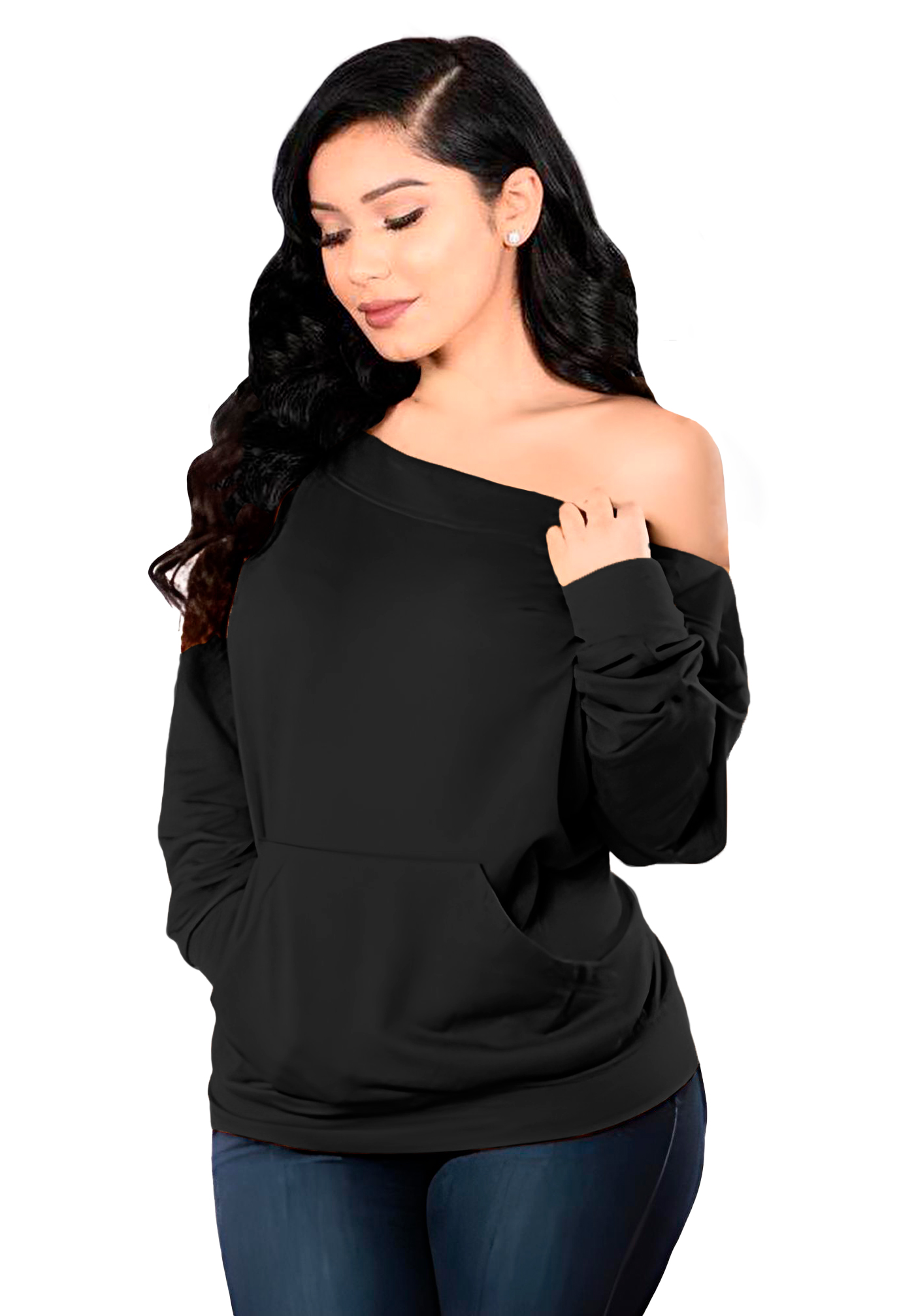 Sudadera asimétrica de moda casual dama mujer xally 25 manga larga bolsa cangurera