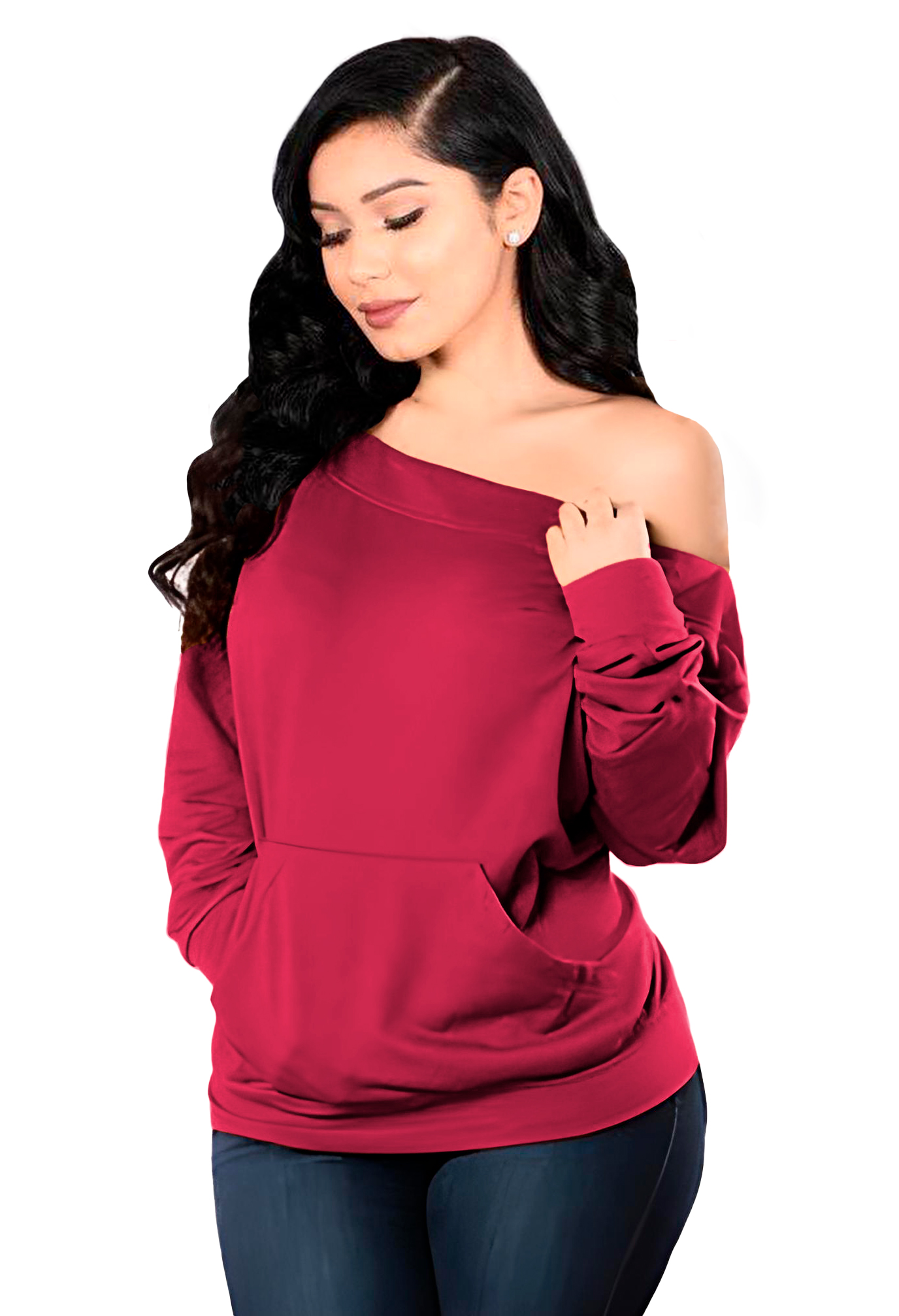 Sudadera asimétrica de moda casual dama mujer xally 25 manga larga bolsa cangurera