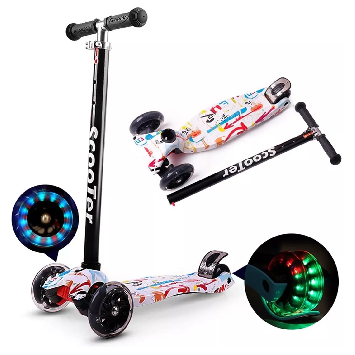 Monopatín De Pie Scooter Desmontable 4 Ruedas Luces P/ Niños Blanco