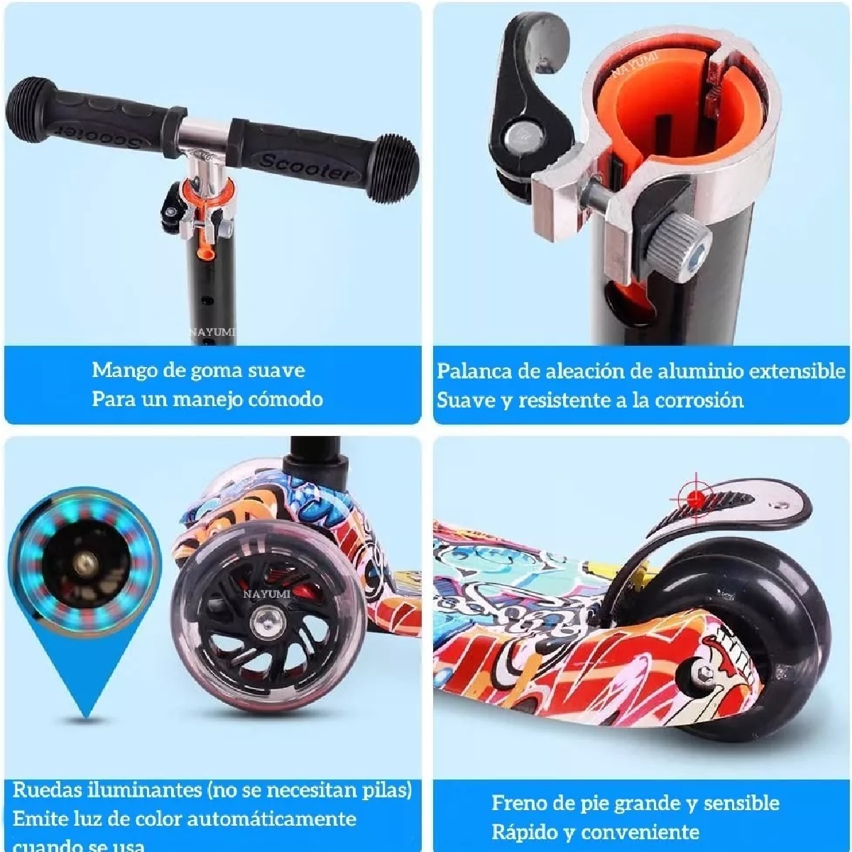 Monopatín De Pie Scooter Desmontable 4 Ruedas Luces P/ Niños Blanco