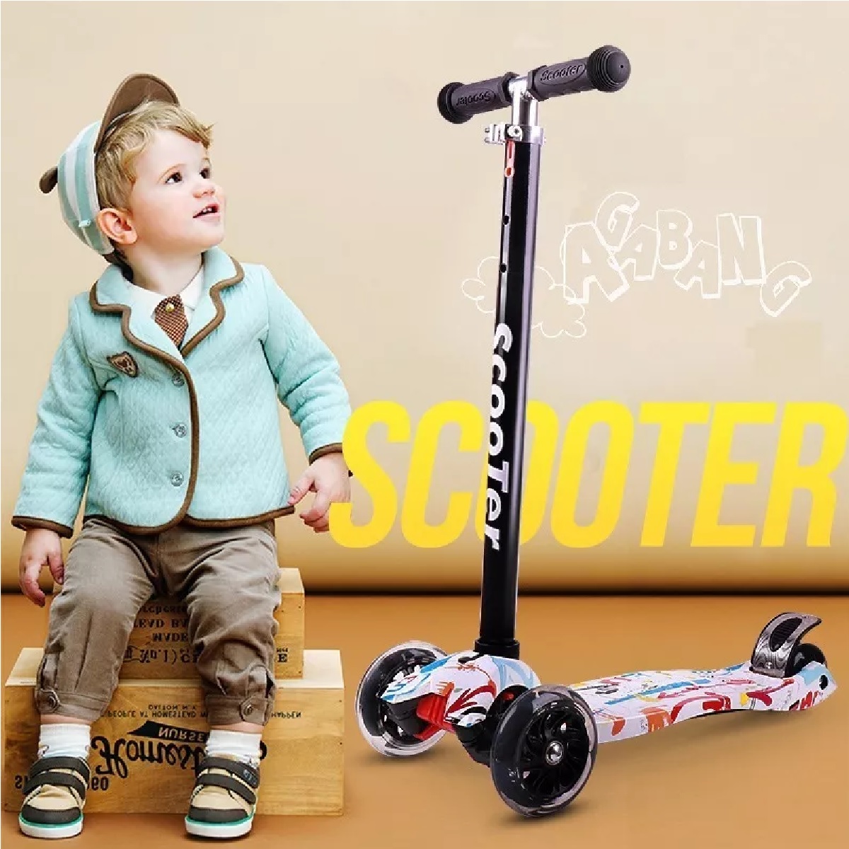 Monopatín De Pie Scooter Desmontable 4 Ruedas Luces P/ Niños Blanco