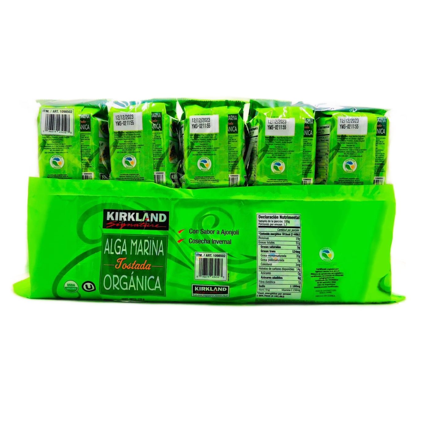 Alga Marina Orgánica Tostada Kirkland Signature Paquete de 10 pz de 17g