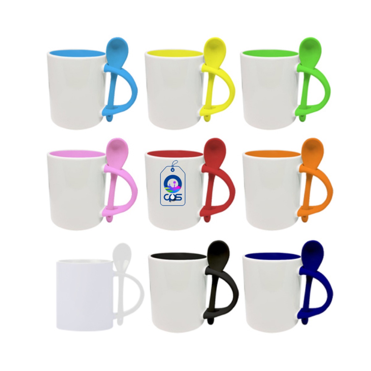Taza Blanca de 11oz. con asa, interior y cuchara de color, 12 piezas.