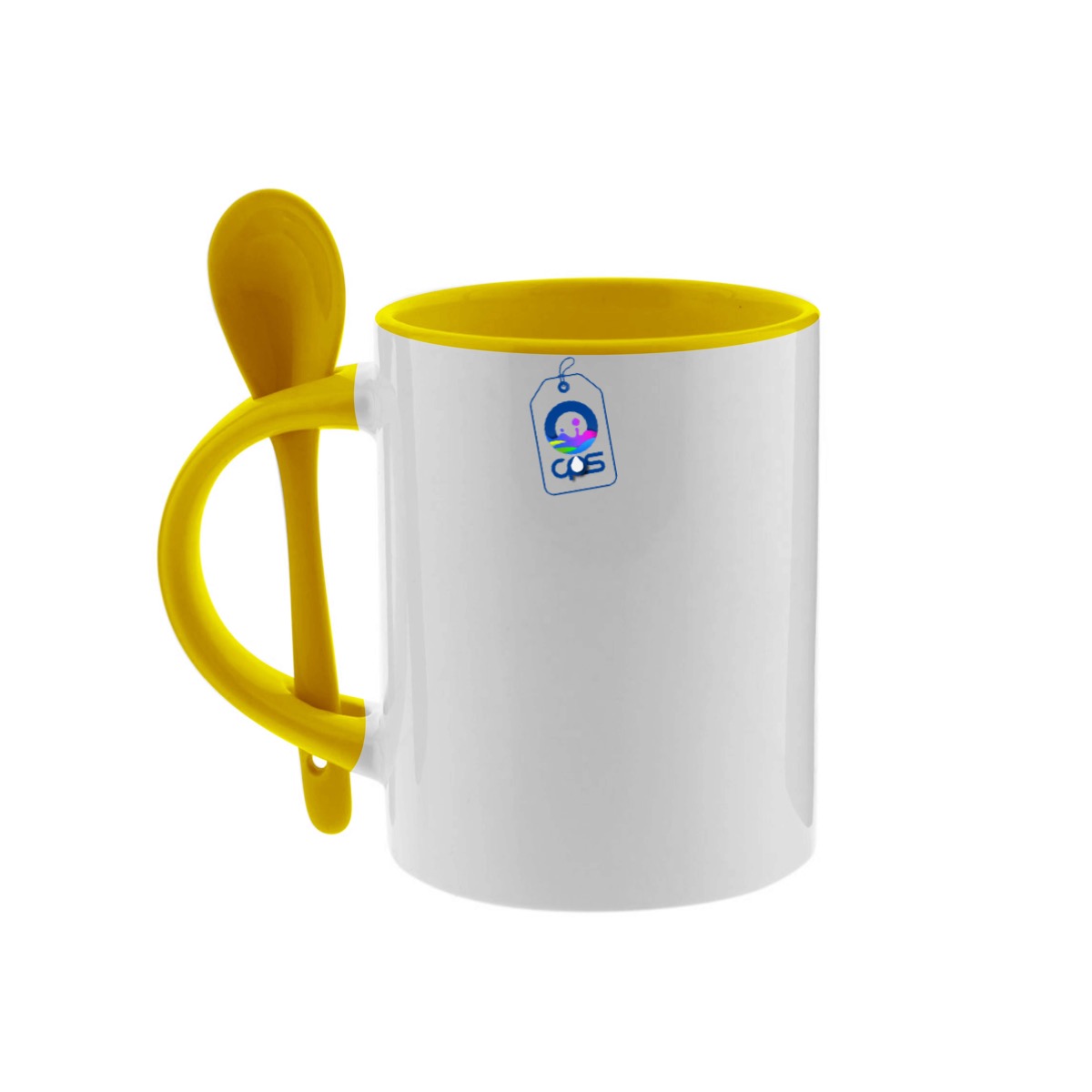 Taza Blanca de 11oz. con asa, interior y cuchara de color, 12 piezas.