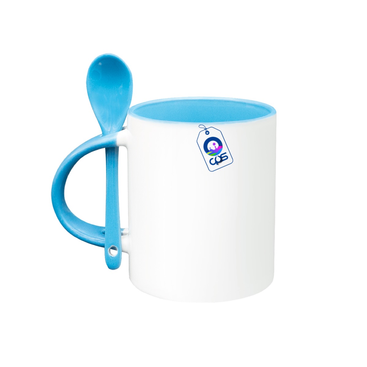 Taza Blanca de 11oz. con asa, interior y cuchara de color, 12 piezas.