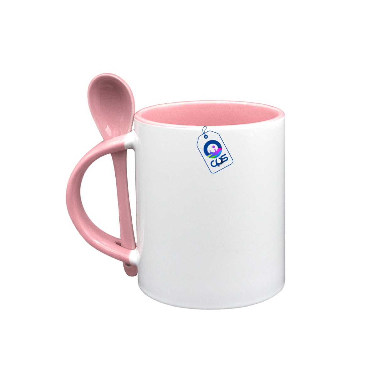 Taza Blanca de 11oz. con asa, interior y cuchara de color, 12 piezas.