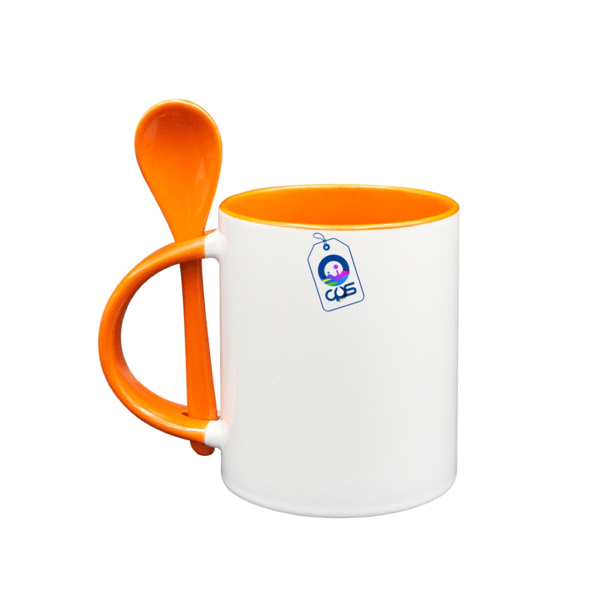 Taza Blanca de 11oz. con asa, interior y cuchara de color, 12 piezas.