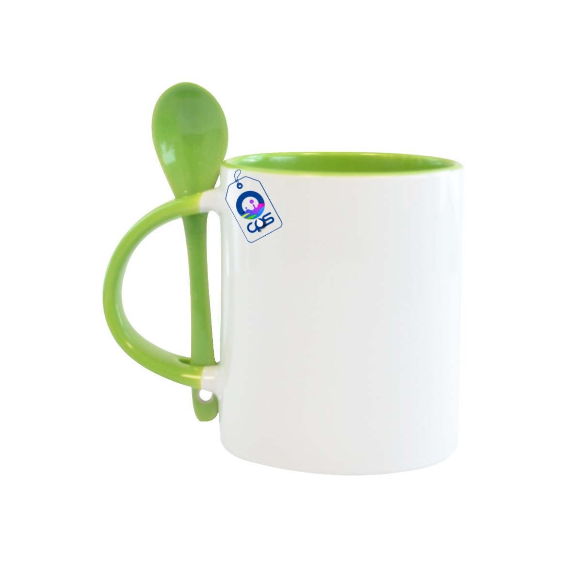 Taza Blanca de 11oz. con asa, interior y cuchara de color, 12 piezas.