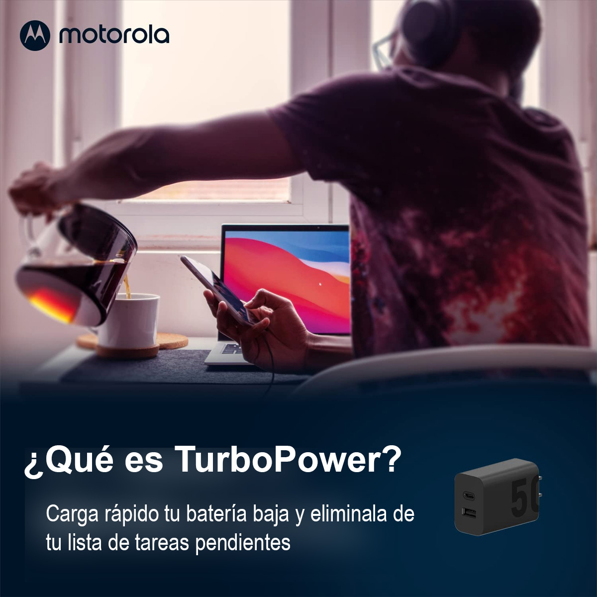 Turbo Cargador 50W Motorola Dual Cubo Y Cable Tipo C Negro