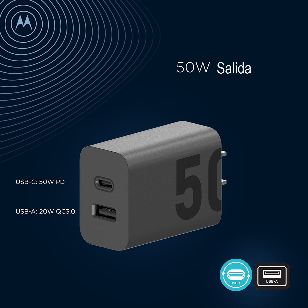 Turbo Cargador 50W Motorola Dual Cubo Y Cable Tipo C Negro