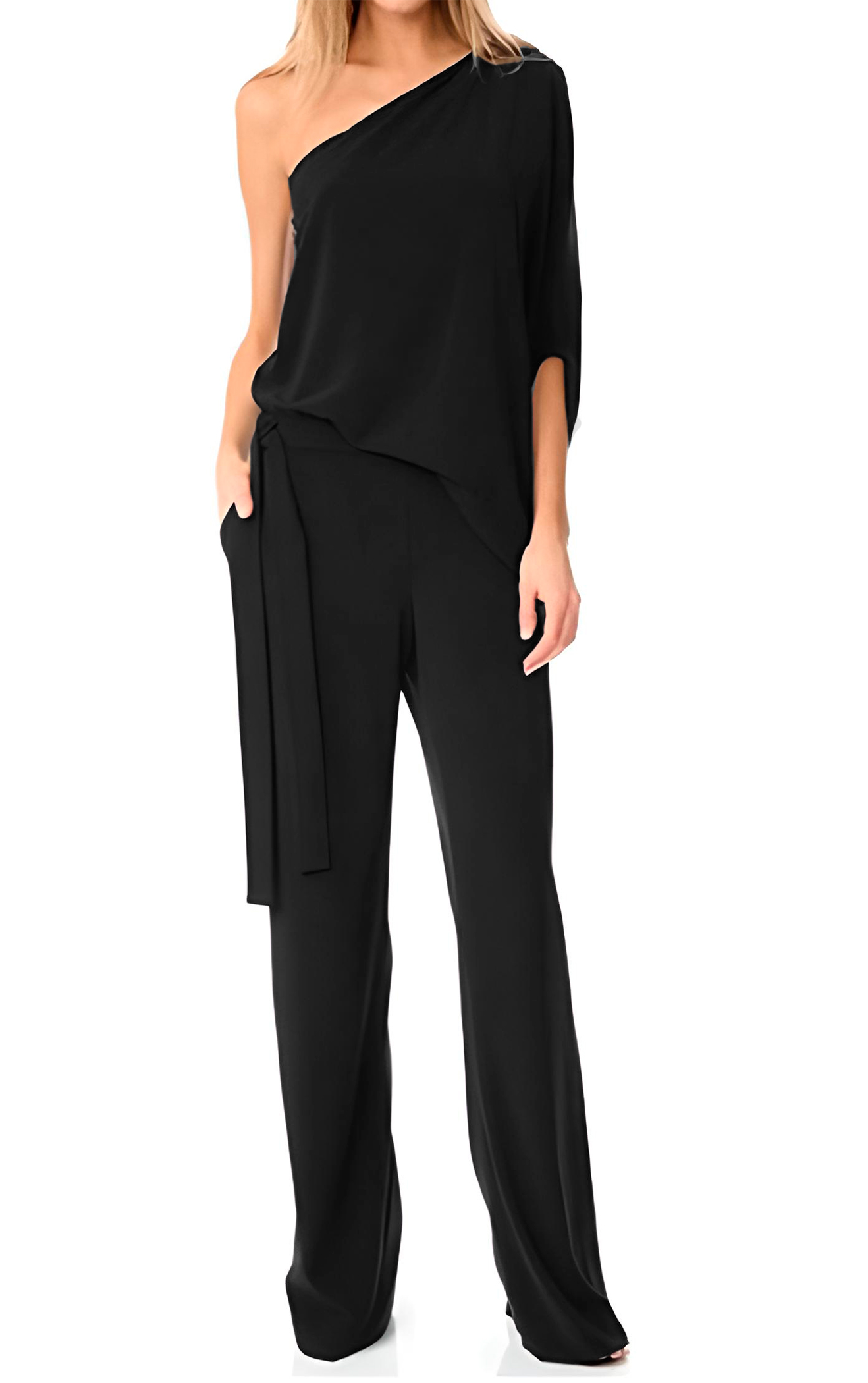 Jumper palazzo enterizo mono jumpsuit asimétrico elegante xally 73 1 hombro cinturón bolsas