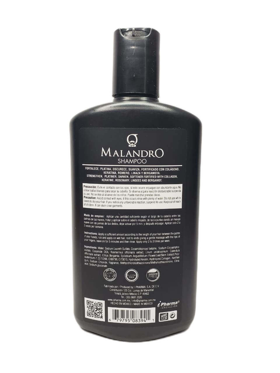 Shampoo Matizador de canas negro brinda hidratación y suavidad Malandro 450 ml