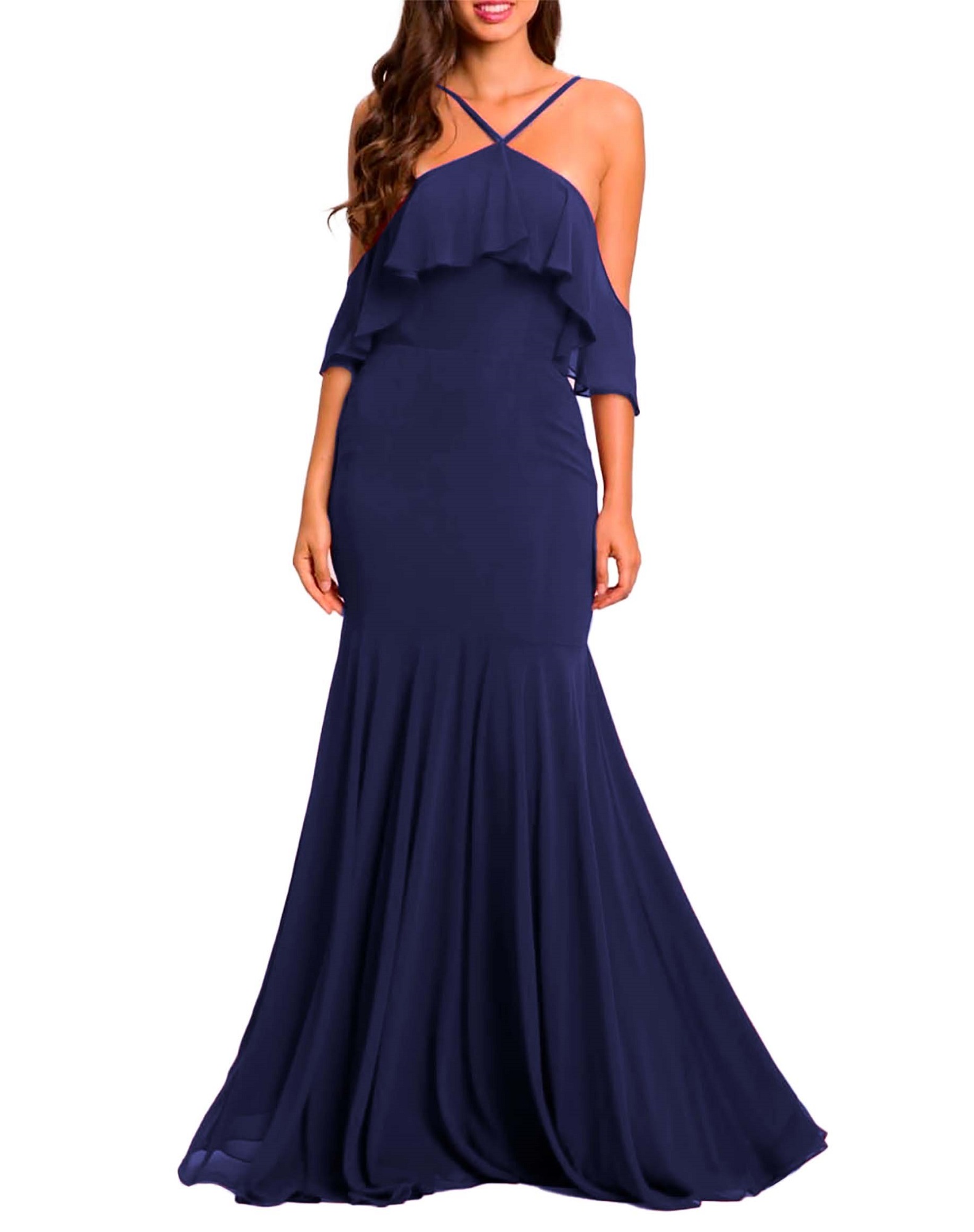 Maxi vestido slip de fiesta ajustado elegante noche largo, dama mujer xally 115 escote en V invertida olanes
