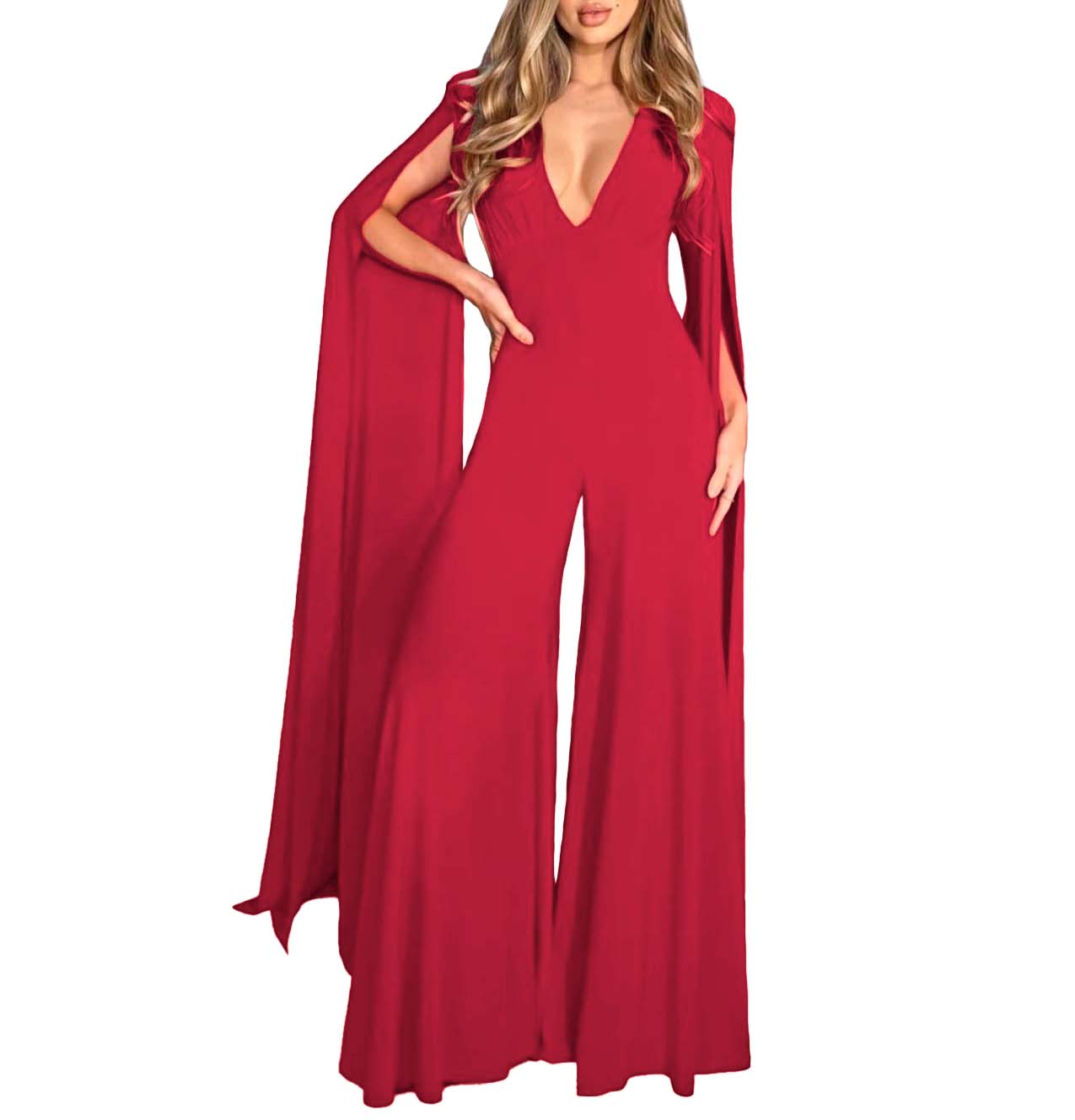 Jumper palazzo enterizo mono jumpsuit elegante fiesta noche dama mujer xally 128 escote V manga capa larga
