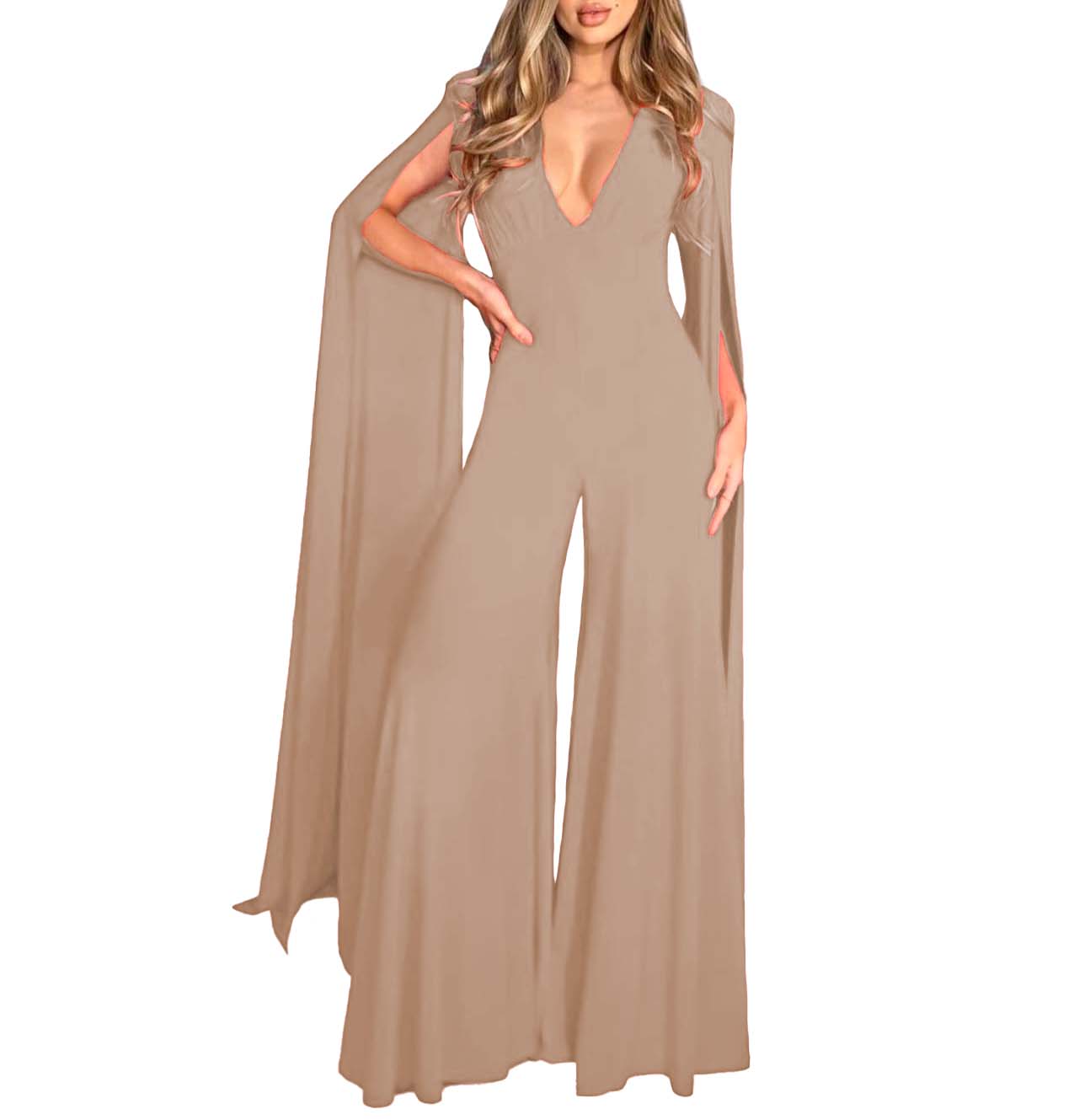 Jumper palazzo enterizo mono jumpsuit elegante fiesta noche dama mujer xally 128 escote V manga capa larga