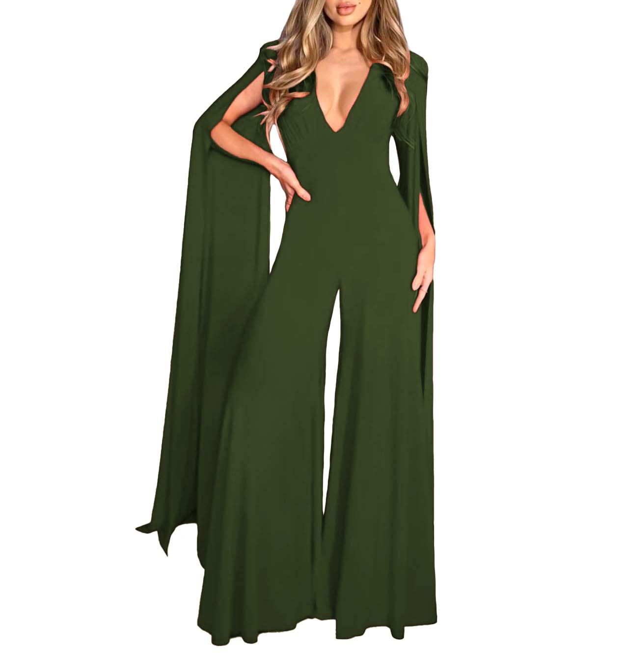 Jumper palazzo enterizo mono jumpsuit elegante fiesta noche dama mujer xally 128 escote V manga capa larga