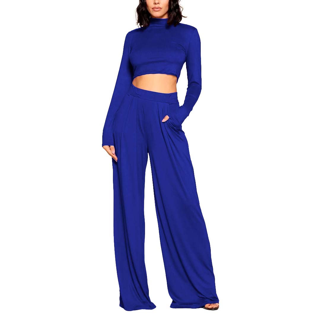 Conjunto de moda casual dama mujer xally 139 pantalón ancho tiro alto blusa top manga larga cuello alto