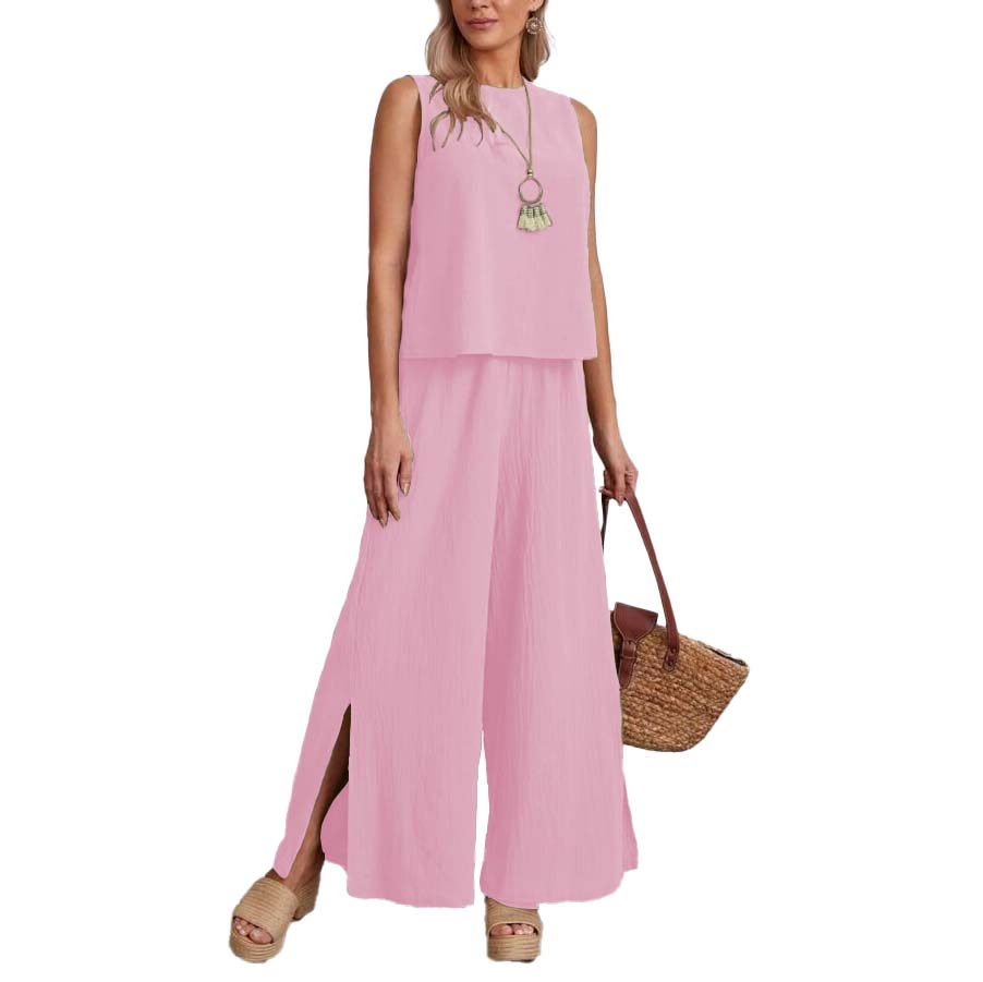Conjunto de moda casual elegante verano dama mujer xally 143 pantalón ancho tiro alto aberturas blusa corta escote redondo