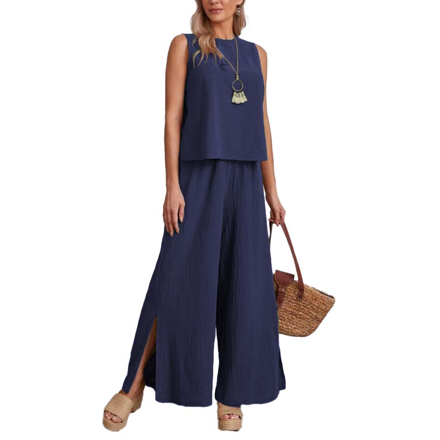 Conjunto de moda casual elegante verano dama mujer xally 143 pantalón ancho tiro alto aberturas blusa corta escote redondo