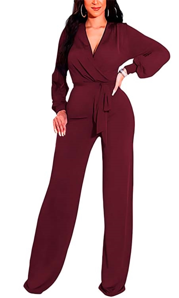Jumper palazzo enterizo mono jumpsuit casual elegante fiesta dama mujer xally 147 cruce, escote V manga larga cinturon