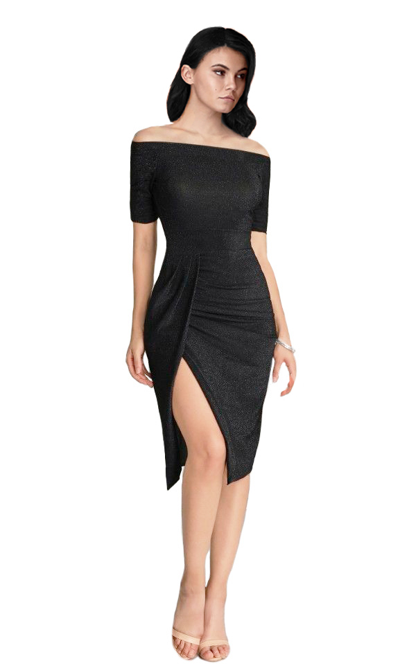 Vestido recto fiesta elegante noche corta dama mujer Xally 20D hombros descubiertos manga corta abertura fruncida