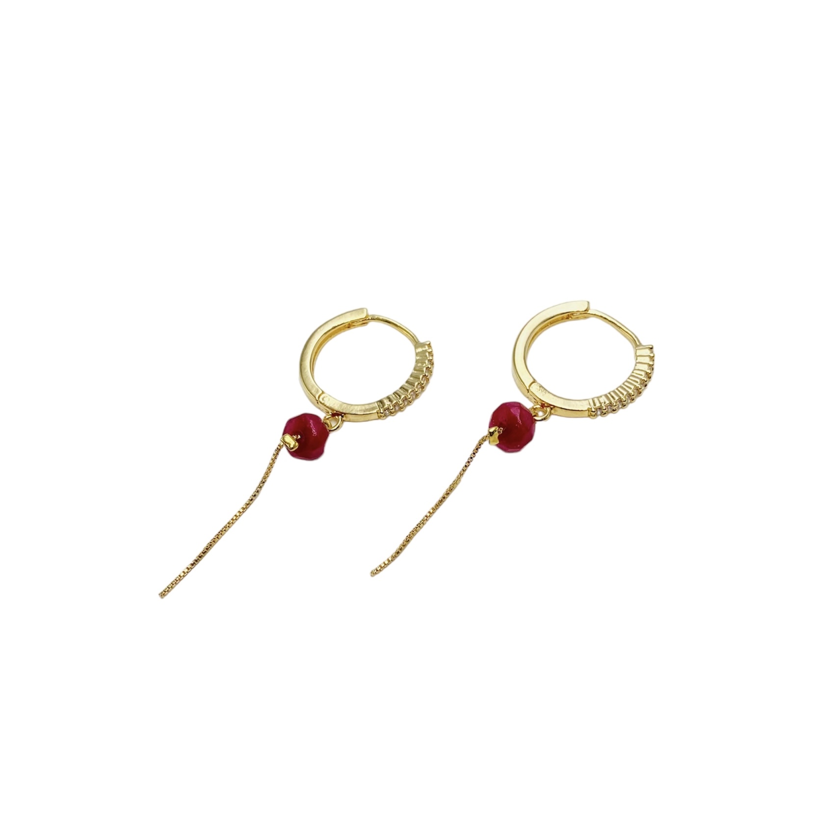 Aretes arracadas piedra Jade roja- Baño de oro 18K- Aretes dorados